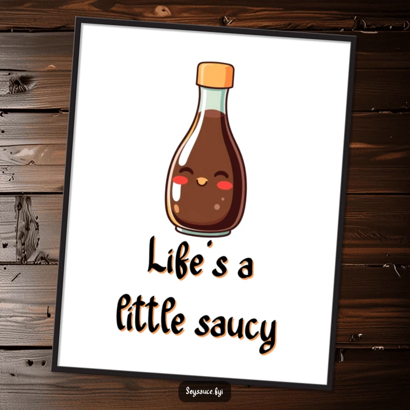 Funny poster print of a smiling soy sauce bottle character with a happy grin, conveying culinary fun and good taste, perfect for kitchen decor.