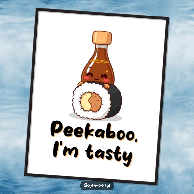 Funny Poster featuring a giggling soy sauce bottle character peeking from behind sushi, creating humorous wall art for foodies.