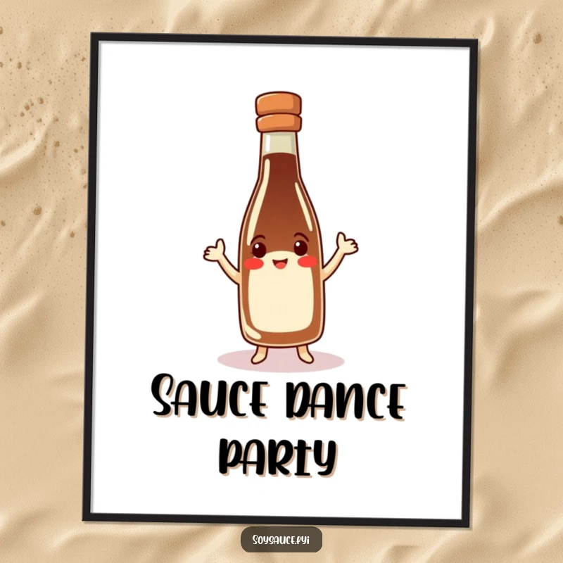 Funny soy sauce bottle poster, happy character in hat doing a jig, culinary art, adds humor to any room.