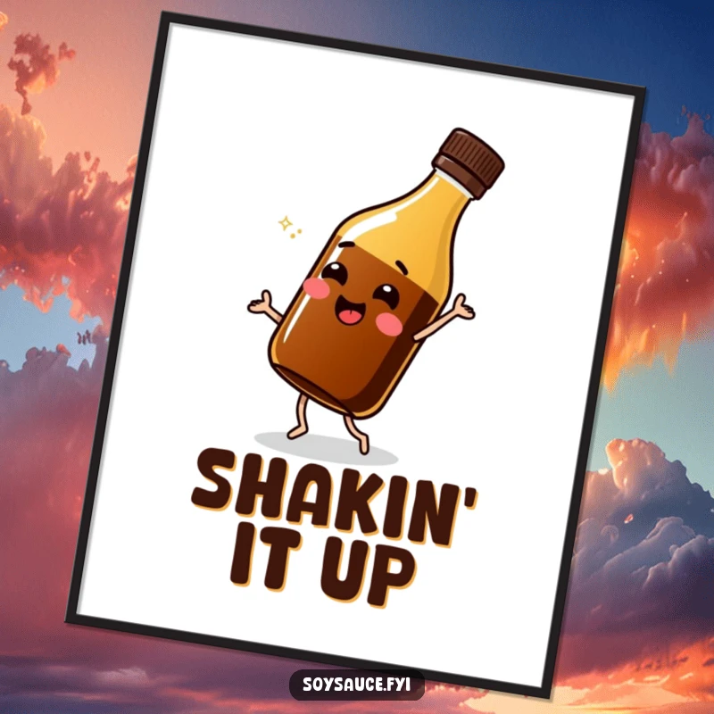 Funny soy sauce bottle poster, captured mid-shimmy, a cheerful and humorous piece of wall art.