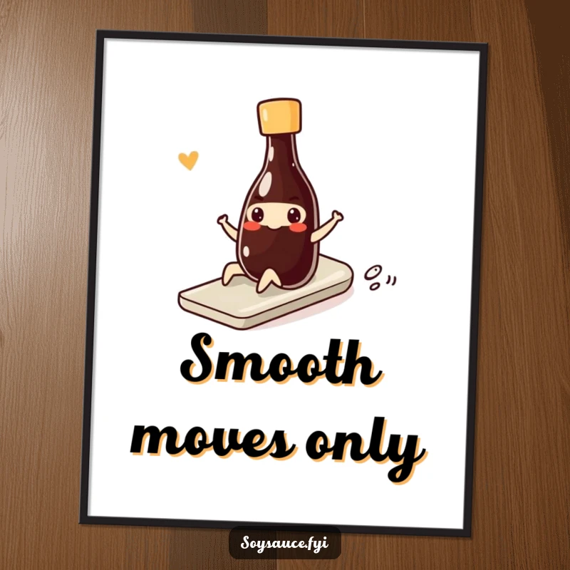 Funny kawaii soy sauce bottle doing a smooth, funny slide with a smile, creating a dynamic and humorous piece of wall art.