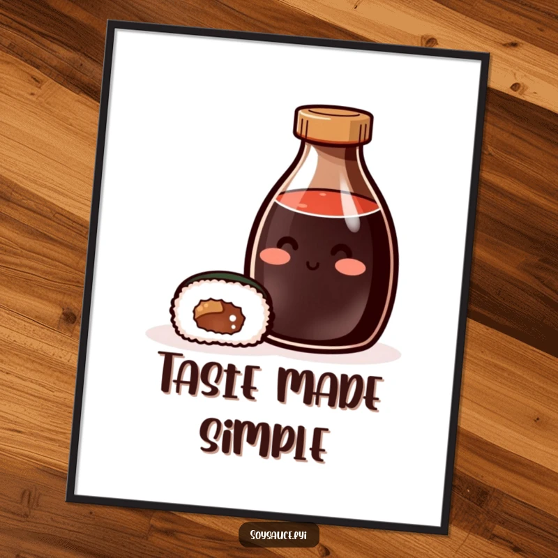 Funny Poster: An illustration of a happy soy sauce bottle and sushi roll smiling, representing delicious friendship and contentment.