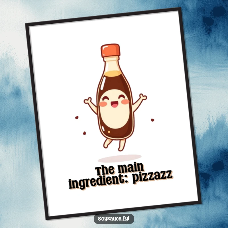 Funny giggling kawaii soy sauce bottle doing a happy pirouette on a wall poster, a humorous and artistic decoration.