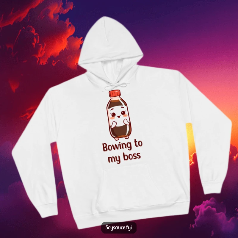 Funny Soy Sauce Hoodie featuring a bottle character in a friendly bow, perfect for cozy, courteous moments.