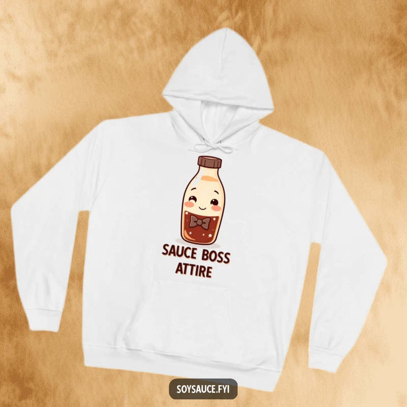 Funny Soy Sauce Hoodie with a smiling bottle character sporting a bow tie, offering comfort and a dash of dapper humor.