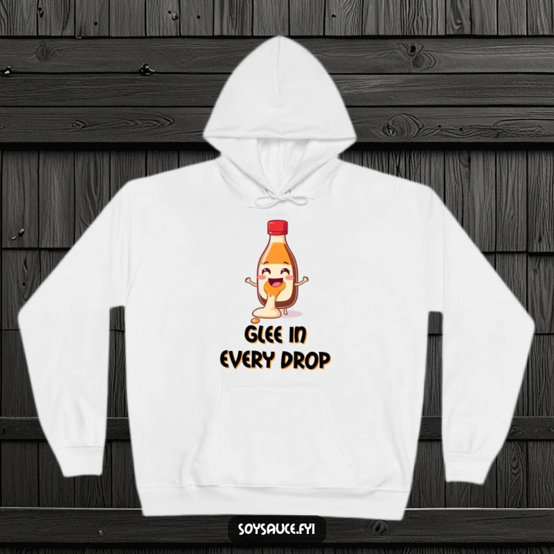 Funny Soy Sauce Glee Spill Hoodie featuring a cheerful bottle character spilling with glee, offering comfort and a dose of humorous joy.