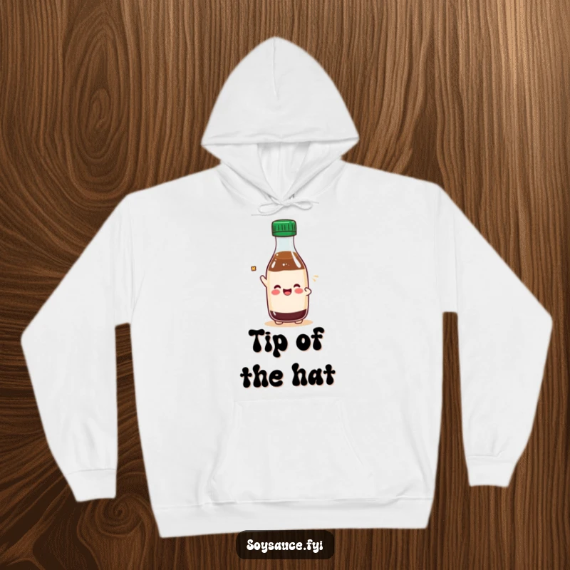 Funny Kawaii soy sauce bottle character tipping its cap playfully, perfect for a cozy and humorous hoodie.