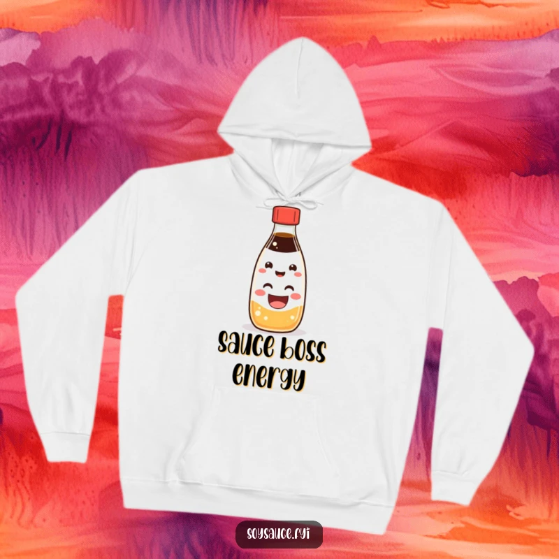 Funny Kawaii soy sauce bottle character sporting a cheerful grin, featured on a soft and warm hoodie.