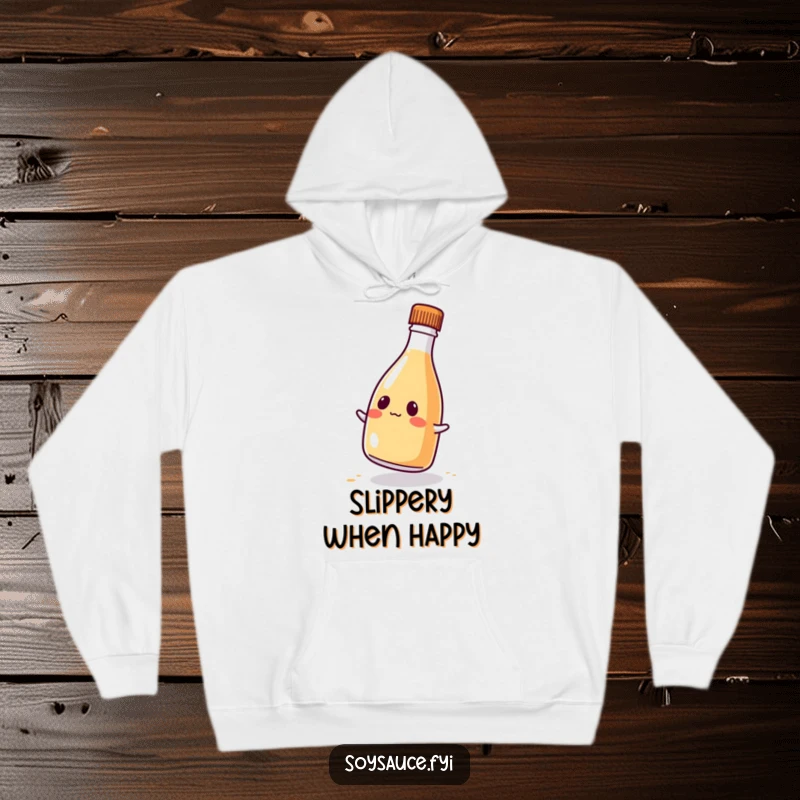 Funny kawaii soy sauce bottle hoodie, wobbling with a comical cute expression, perfect for staying warm and stylish.