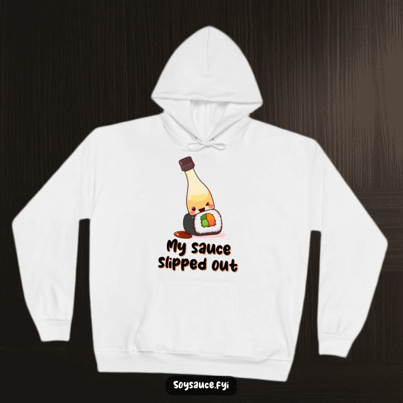 Funny kawaii soy sauce bottle tipping over playfully onto a sushi roll, featured on a cozy hoodie for ultimate comfort and humor.