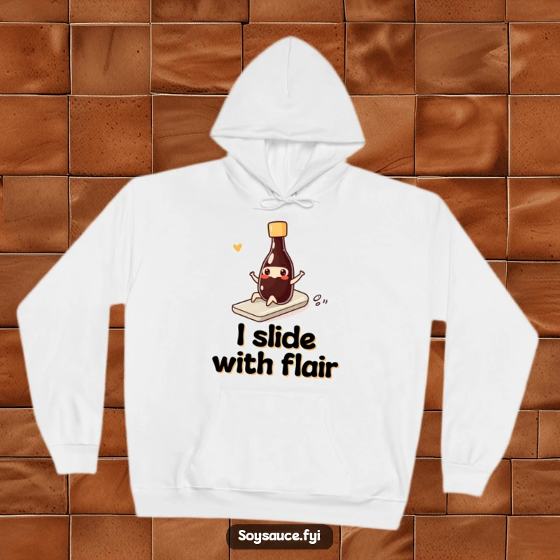 Funny kawaii soy sauce bottle doing a smooth, funny slide with a smile, featured on a cozy hoodie.