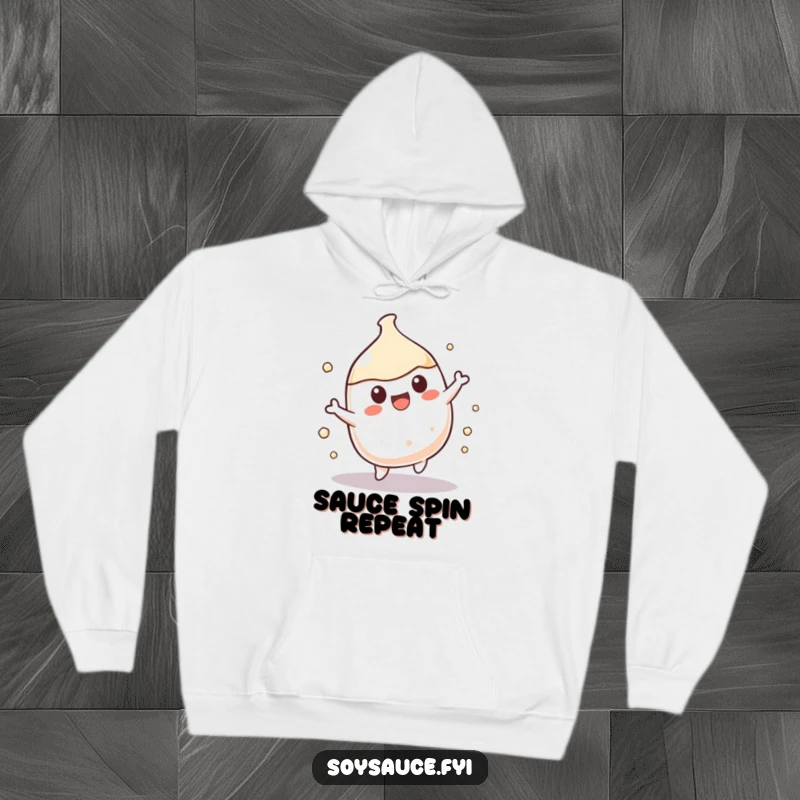 Funny Kawaii soy sauce character doing a delightful spin, perfect for a cozy and humorous hoodie.