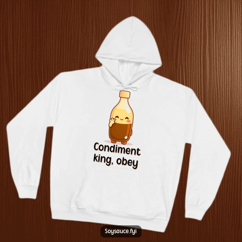 Funny hooded sweatshirt with a cheerful soy sauce bottle character offering a polite nod, providing warmth and humor. An ideal funny gift.