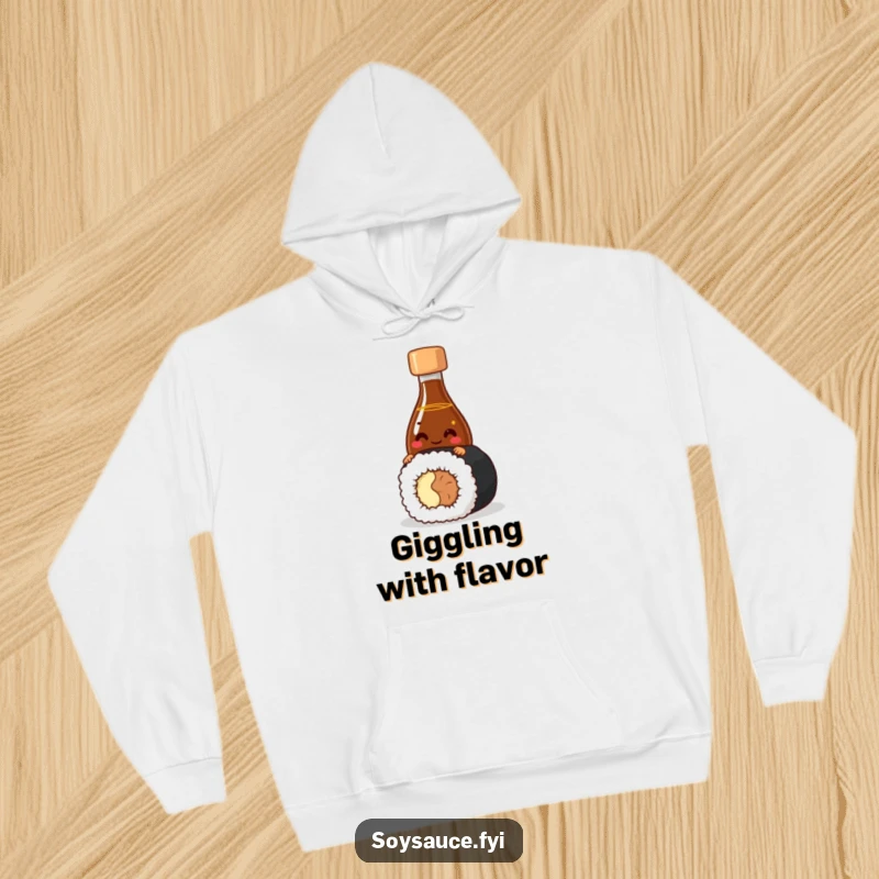 Funny Hoodie featuring a giggling soy sauce bottle character hiding behind sushi, offering warmth and a touch of playful food humor.