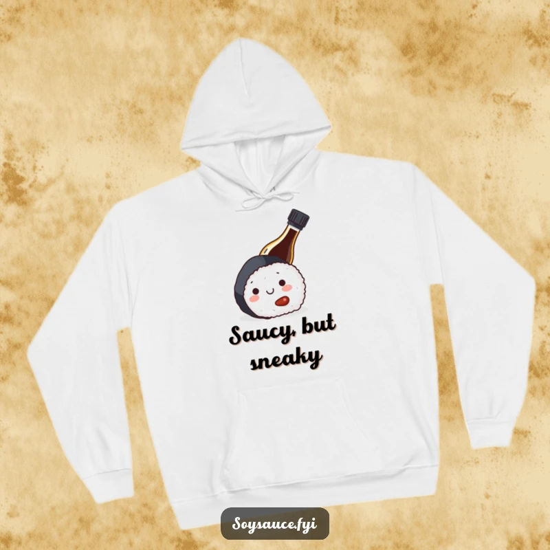 Funny hooded sweatshirt with a soy sauce bottle hiding behind sushi, the ultimate cozy and humorous apparel for Japanese food fans.