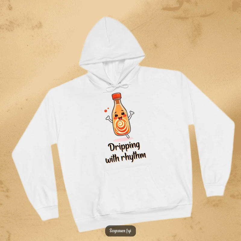 Funny Soy Sauce Hoodie showcasing a dancing bottle with a joyful swirl pattern, perfect for cozy, flavorful moments.