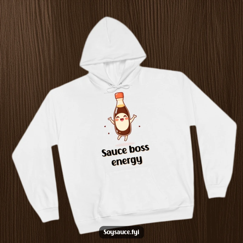 Funny giggling kawaii soy sauce bottle doing a happy pirouette on a cozy hoodie, a humorous and warm piece of clothing.