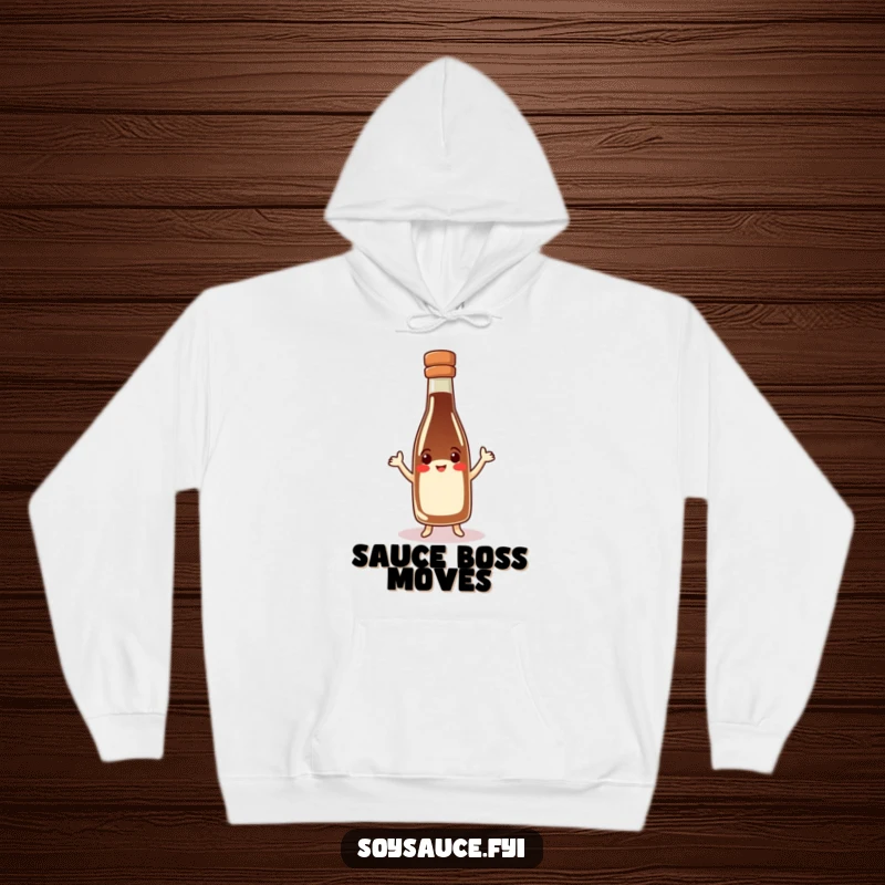 Funny soy sauce bottle hoodie, happy character in hat doing a jig, cozy and comfortable, culinary-themed apparel.