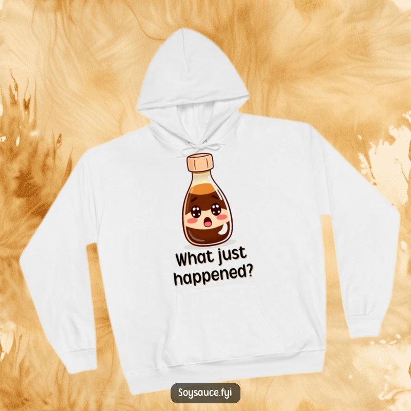 Funny Hoodie: A comfortable hoodie showcasing a wide-eyed soy sauce bottle in a state of humorous shock and surprise.