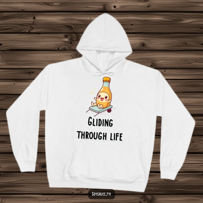 Funny Soy Sauce Hoodie featuring a playful bottle character in a silly slide, perfect for cozy, wacky moments.