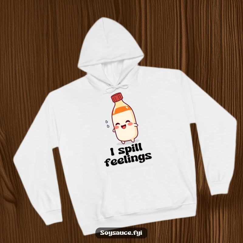 Funny soy sauce bottle hoodie shedding a happy tear, designed for ultimate comfort and comical emotional expression, a great gift.