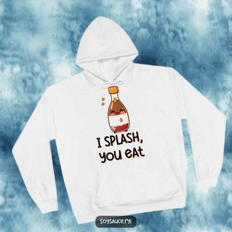 Funny Kawaii soy sauce bottle hoodie, smiling and playfully splashing a drop, bringing warmth and humorous appeal.
