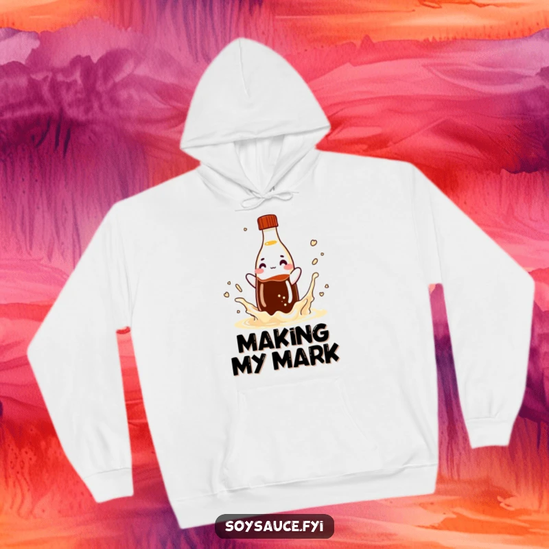 Funny soy sauce bottle hoodie, a playful condiment character making a splash, designed for ultimate comfort.