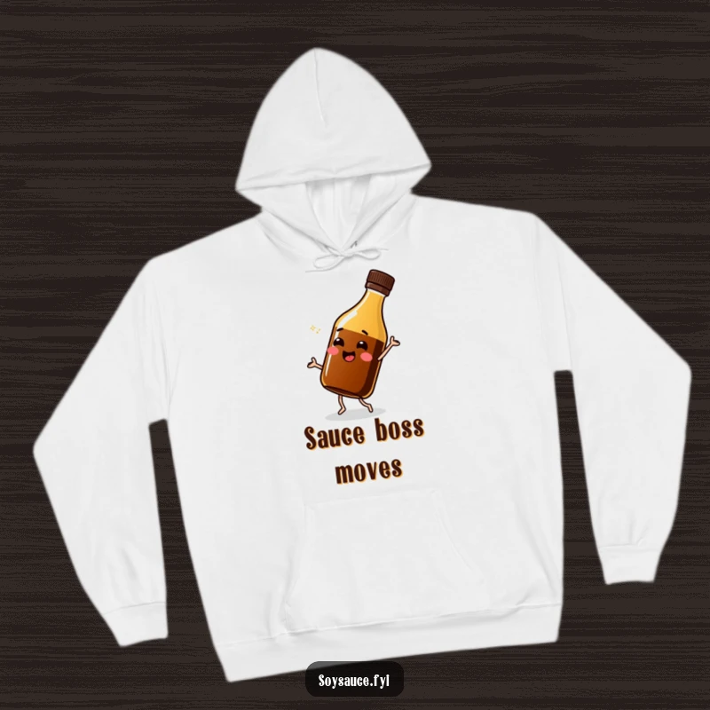 Funny soy sauce bottle hoodie, doing a happy shimmy, comfortable and humorous apparel featuring a dancing condiment.