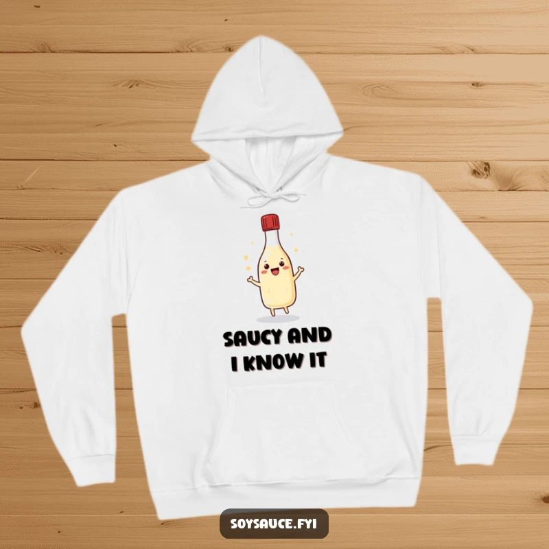 Funny kawaii soy sauce bottle doing a happy dance with its cap, featured on a cozy hoodie for ultimate comfort.