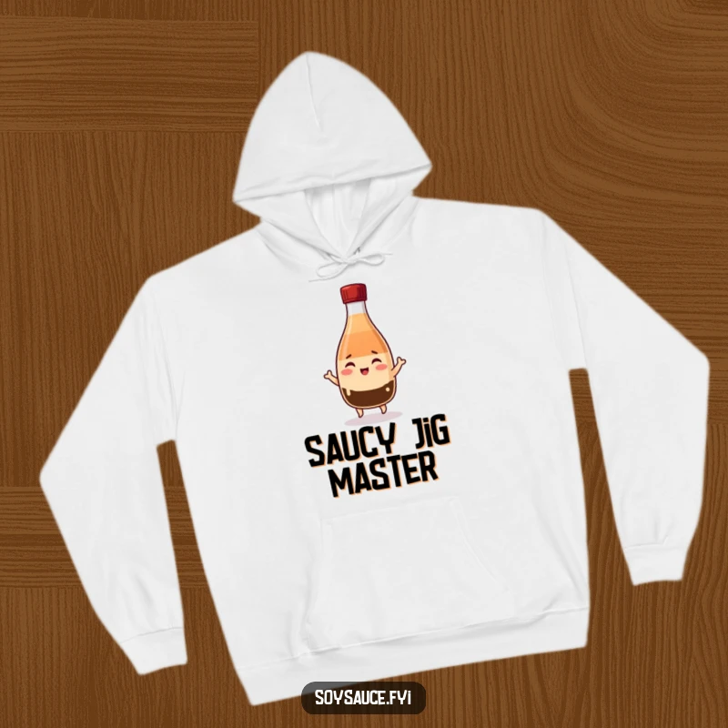 Funny Kawaii soy sauce bottle hoodie, winking and jigging with cheer, offering warmth and a dose of fun.