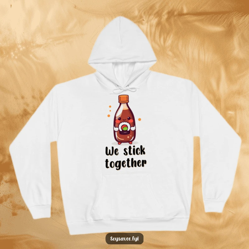 Funny kawaii soy sauce bottle playfully holding a tiny sushi roll, depicted on a cozy hoodie.