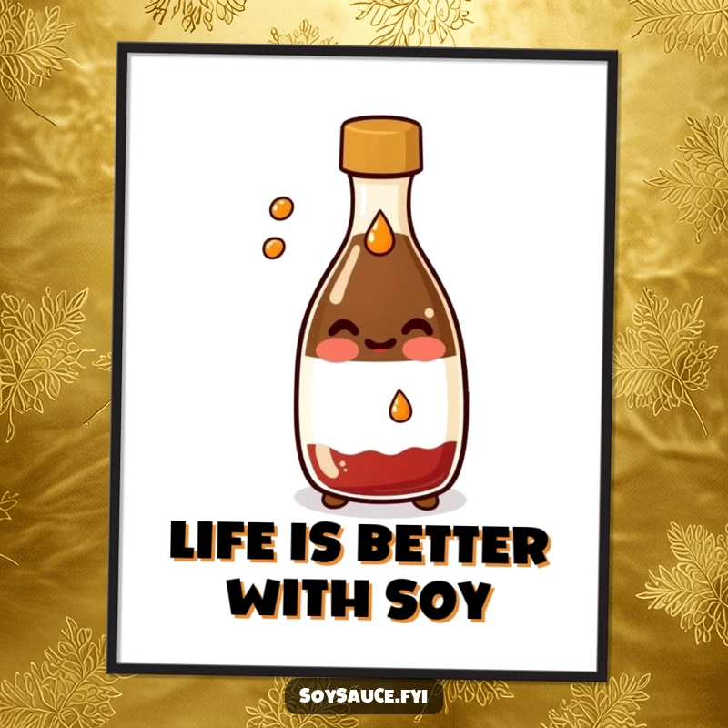 Funny Free Printable Wall Art: A smiling Kawaii soy sauce bottle playfully splashes a tiny drop, adding a dash of humor to any room.