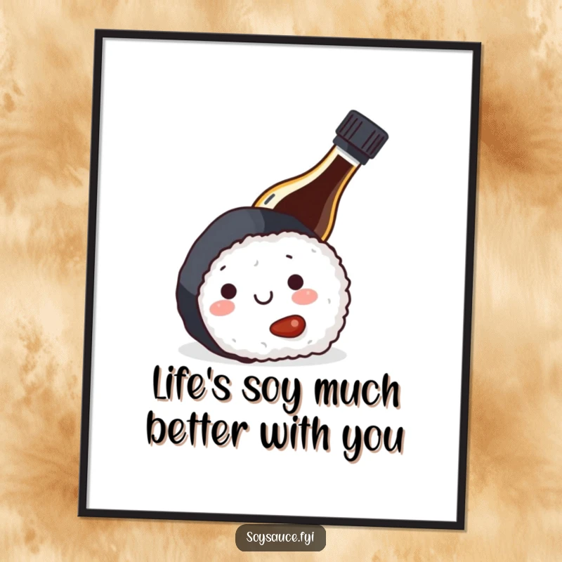 Funny Free Printable Wall Art: Playful soy sauce bottle hiding behind a sushi roll, adding quirky charm to any room.