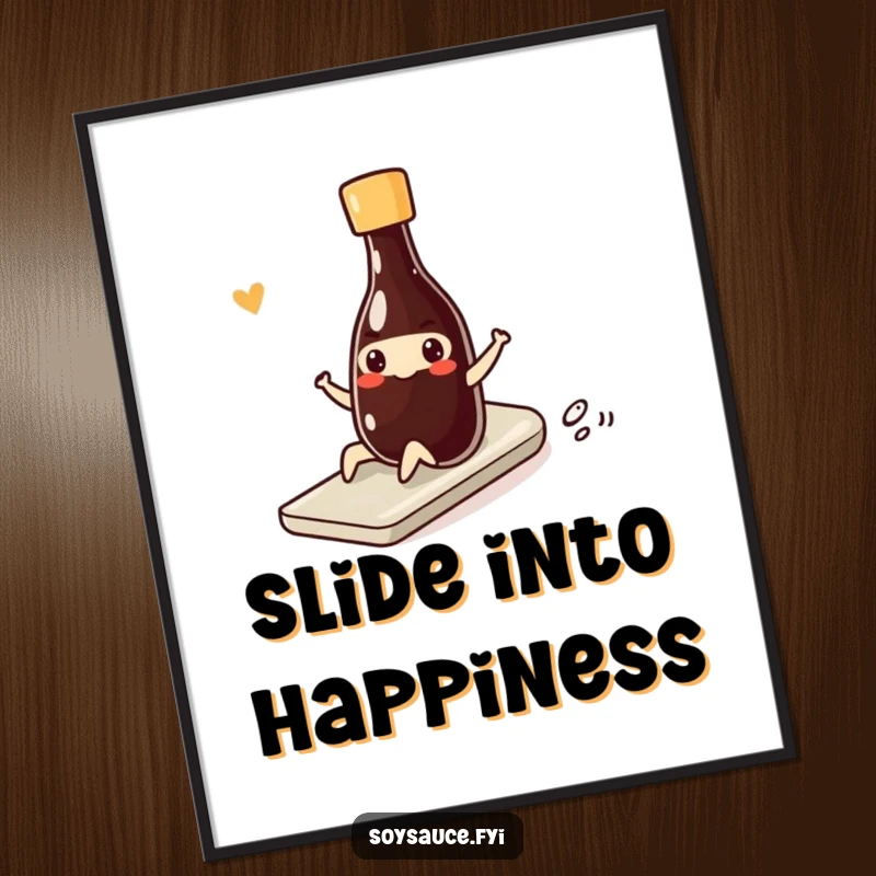 Funny Free Printable Wall Art: Kawaii soy sauce bottle doing a smiling slide, a cool downloadable art.