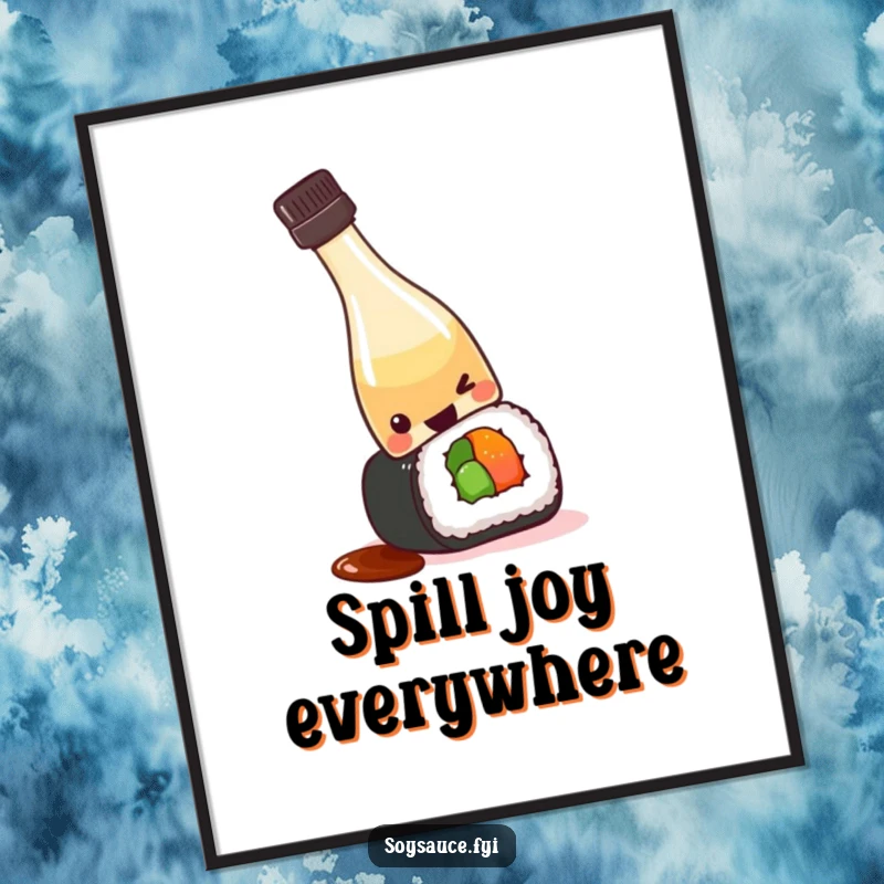Funny Free Printable Wall Art: Kawaii soy sauce bottle humorously tipping onto a sushi roll, perfect downloadable art.
