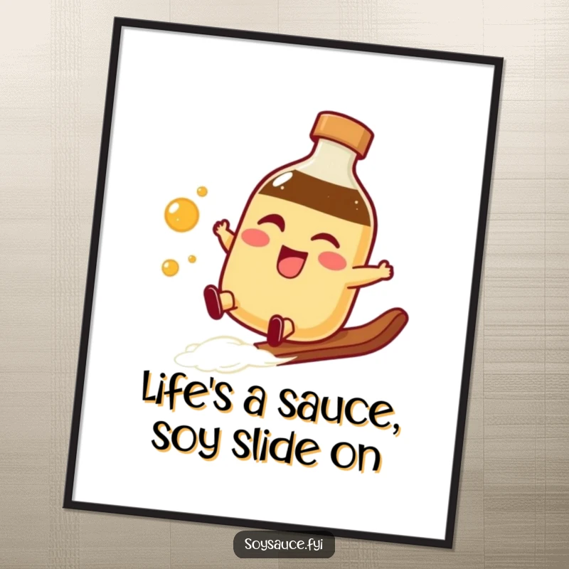 Funny Free Printable Wall Art: A winking soy sauce bottle character performs a smooth slide, adding playful energy.