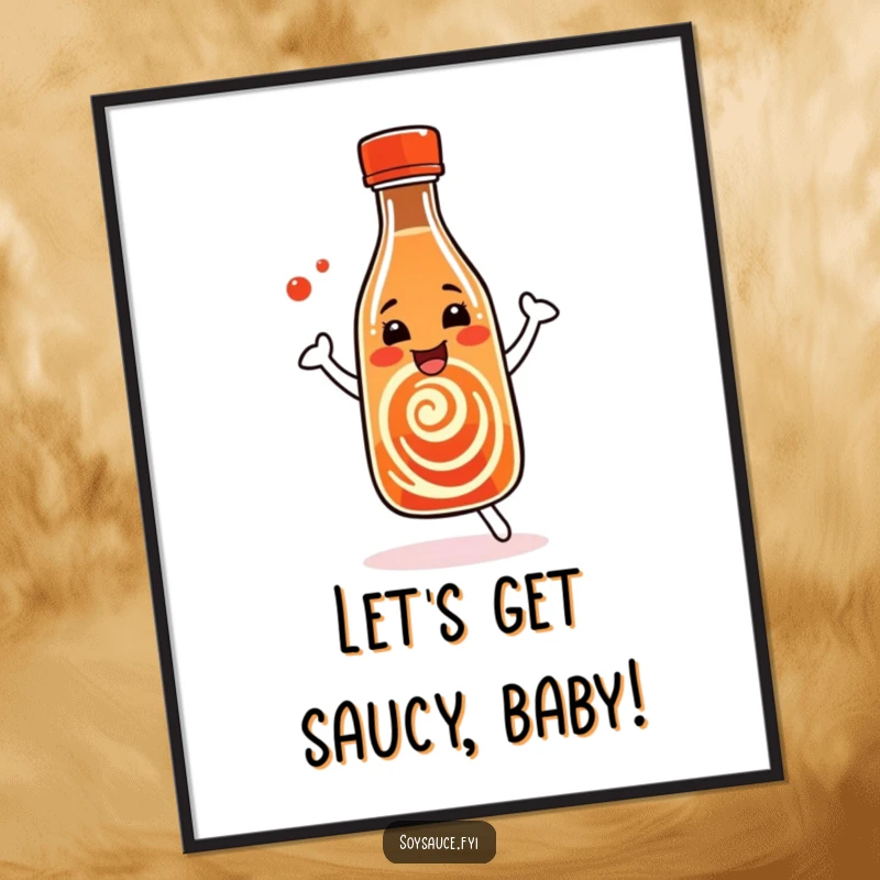 Funny Free Printable Wall Art: A lively soy sauce bottle dances energetically, its body covered in swirling, happy patterns.