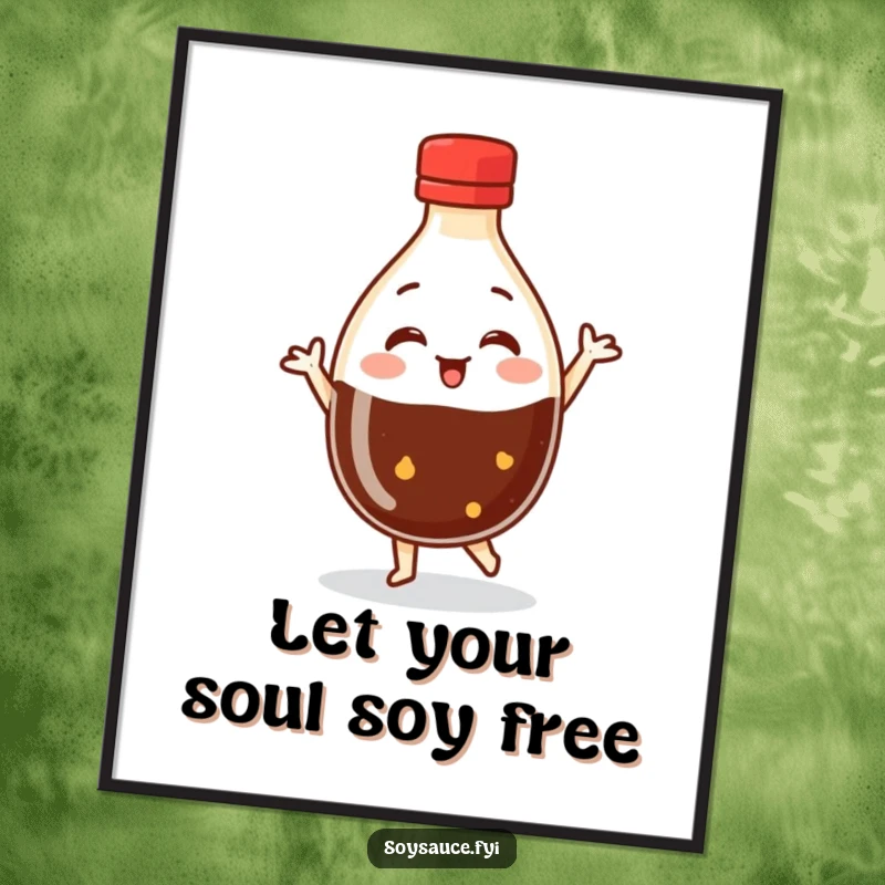 Funny Free Printable Wall Art: A round soy sauce bottle character doing a joyful dance, celebrating life with quirky, downloadable decor.