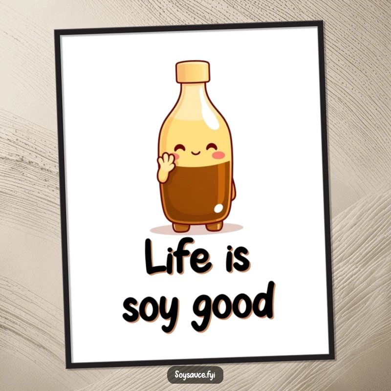 Funny Free Printable wall art featuring a cheerful soy sauce bottle character with a polite, welcoming nod.