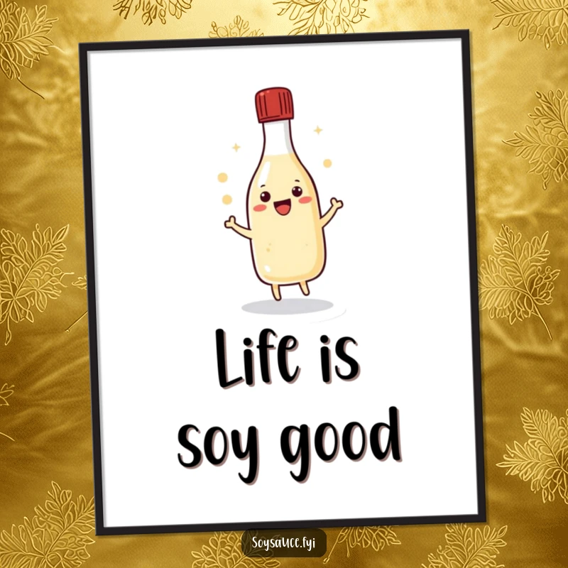 Funny Free Printable Wall Art: A kawaii soy sauce bottle gleefully dancing with its cap, perfect downloadable art.