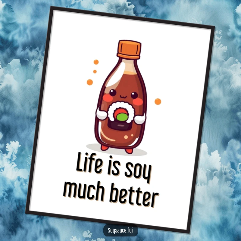 Funny Free Printable Wall Art: Playful kawaii soy sauce bottle holding a tiny sushi roll, adding a humorous foodie vibe.