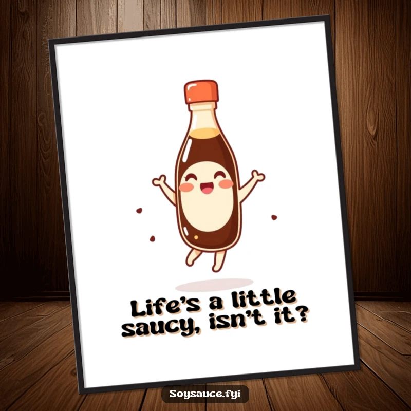 Funny Free Printable Wall Art of a giggling kawaii soy sauce bottle joyfully doing a happy pirouette.