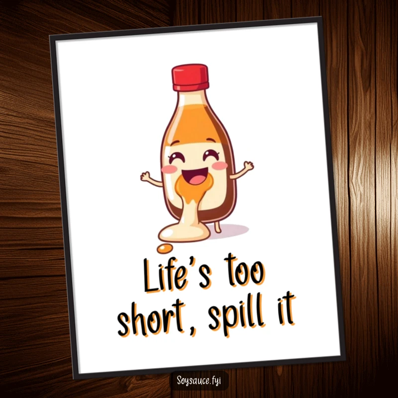 Funny Free Printable Wall Art: A cheerful soy sauce bottle character spilling with glee, bringing humorous, dynamic energy to your decor.