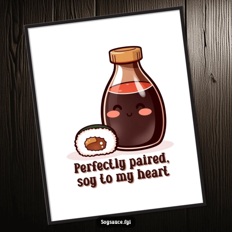 Funny Free Printable Wall Art: A smiling soy sauce bottle sits contentedly beside a cute sushi roll.