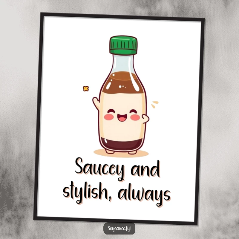 Funny Free Printable Kawaii soy sauce bottle tipping its cap playfully as charming and humorous wall art.