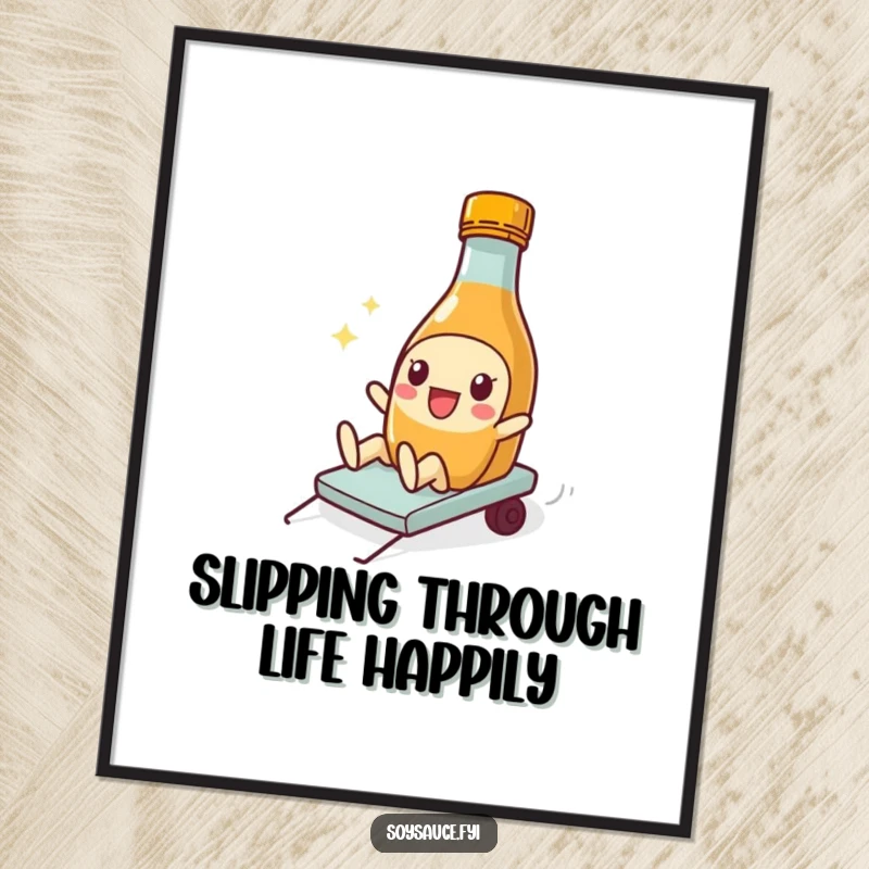Funny Free Printable Wall Art: A soy sauce bottle character executes a comical slide, bringing playful energy and humor to the art piece.
