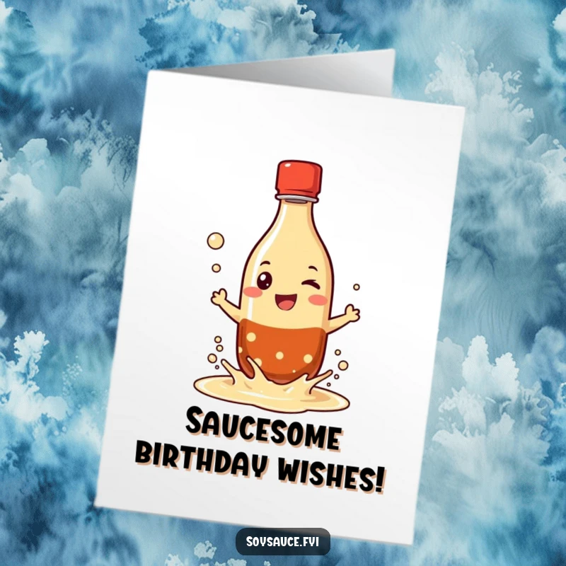 Funny Free Printable Birthday Card: A grinning soy sauce bottle character playfully splashing its dark liquid.