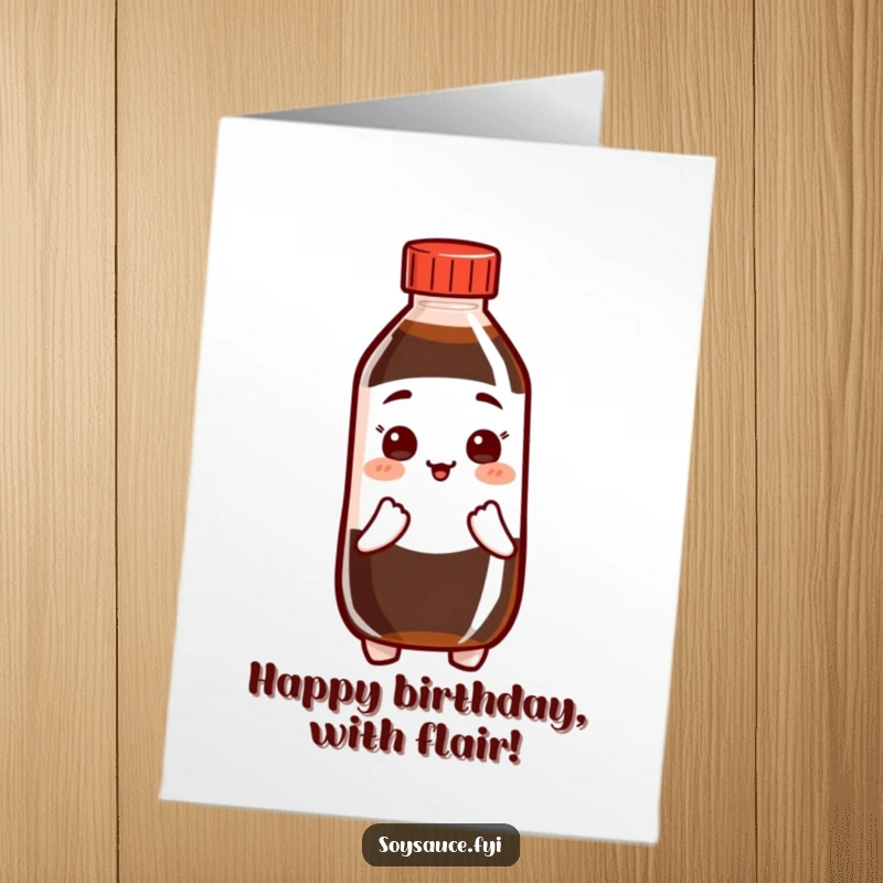 Funny Free Printable Birthday Card: A soy sauce bottle character makes a polite bow, offering birthday wishes with a smile.