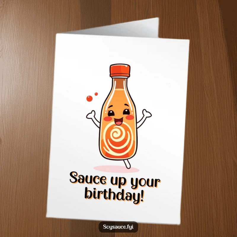 Funny Free Printable Birthday Card: A cheerful soy sauce bottle dances, adorned with happy swirl patterns, celebrating a birthday.
