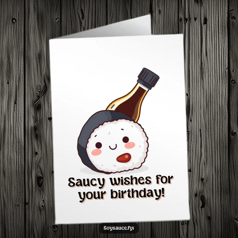 Funny Free Printable Birthday Card: Playful soy sauce bottle peeking from behind a sushi roll, ready to celebrate.